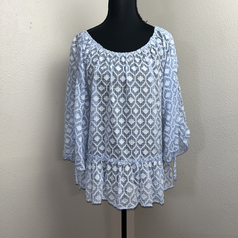Democracy Blouse Women's Small Blue Ruched‎ Tie Sleeve Sheer Textured Artsy Boho